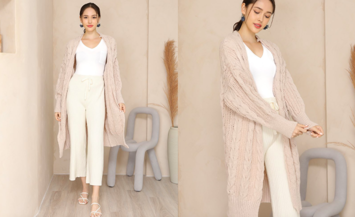 Virtues Of Braids Cable Knit Longline Cardigan Oatmeal