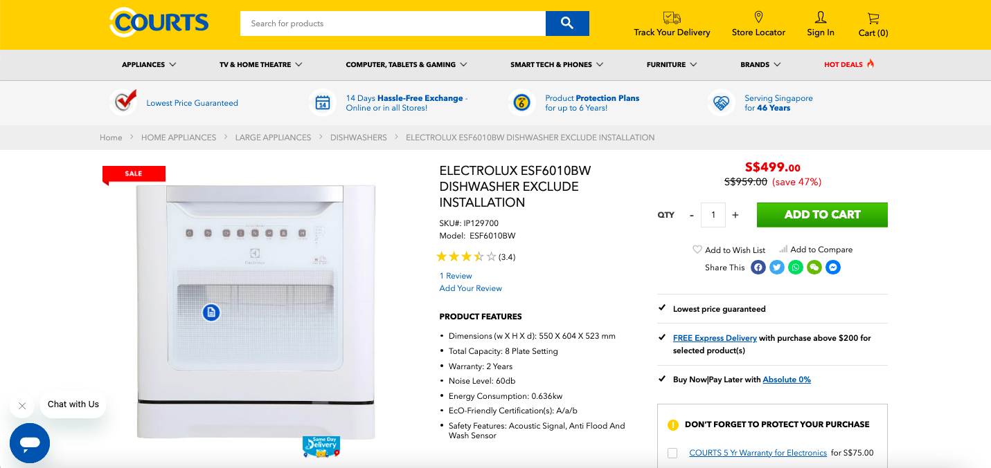 ELECTROLUX ESF6010BW DISHWASHER EXCLUDE INSTALLATION