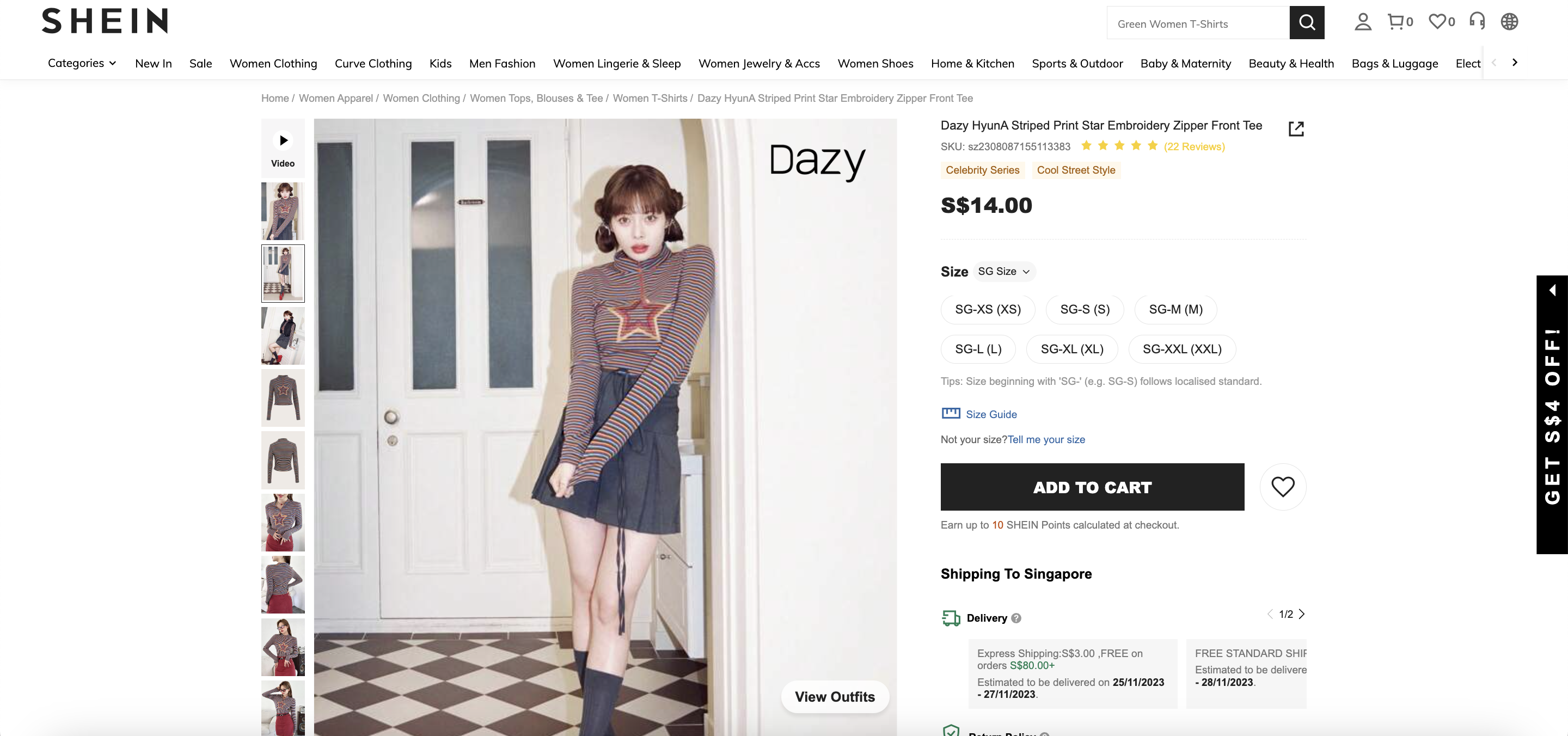 Dazy HyunA Striped Print Star Embroidery Zipper Front Tee