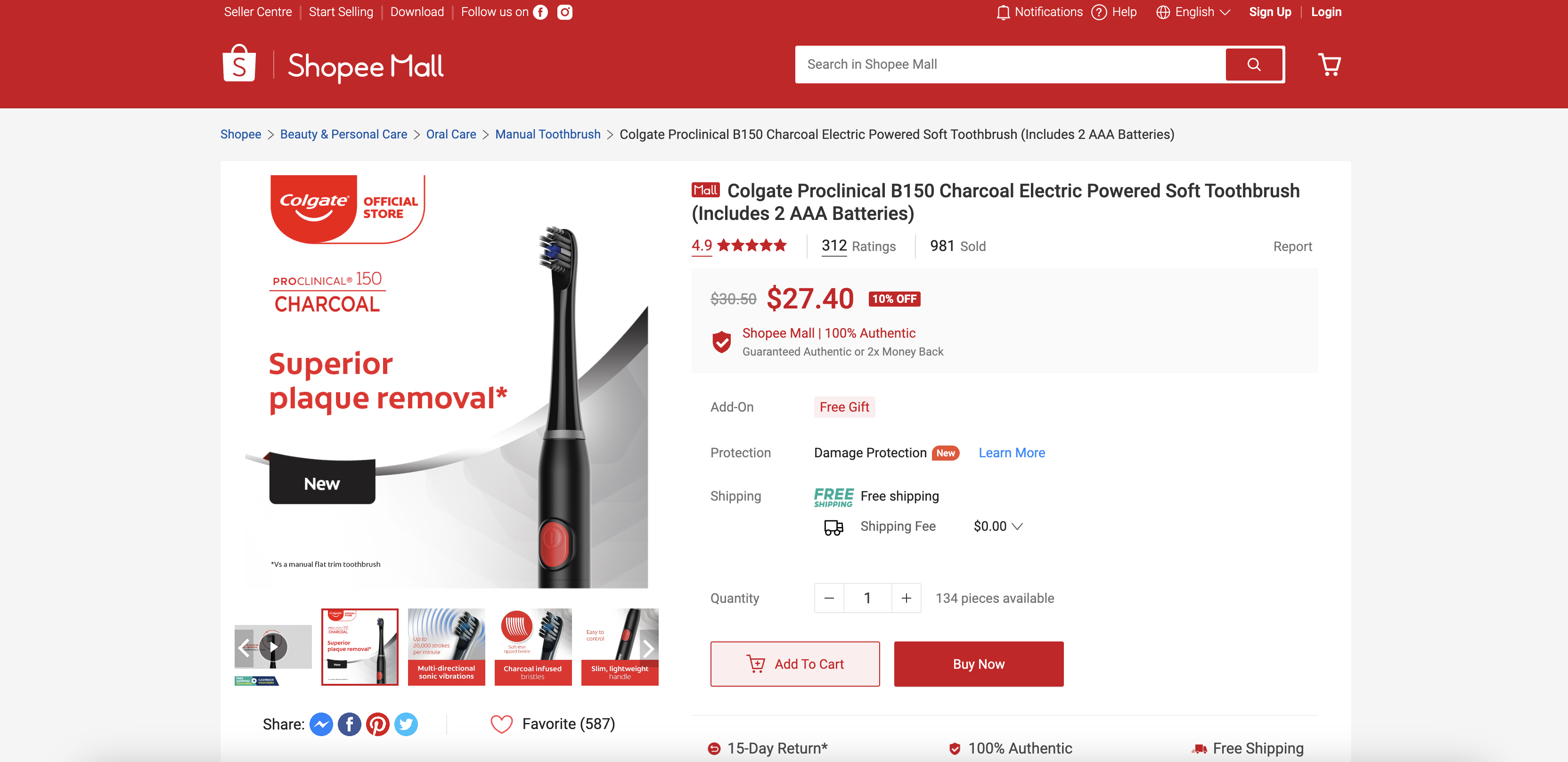 Colgate Proclinical B150 Charcoal Electric Powered Soft Toothbrush