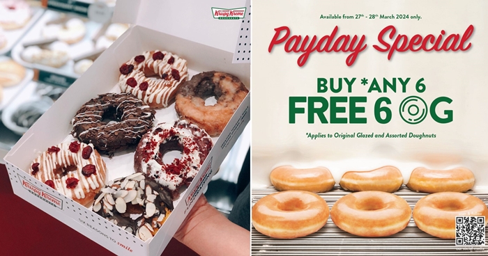 Lobang: Krispy Kreme is giving 6 FREE Original Glazed Doughnuts with any 6 doughnuts purchased from 27 - 28 Mar 24 - 1