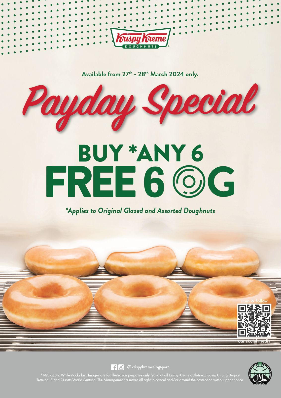 Lobang: Krispy Kreme is giving 6 FREE Original Glazed Doughnuts with any 6 doughnuts purchased from 27 - 28 Mar 24 - 5