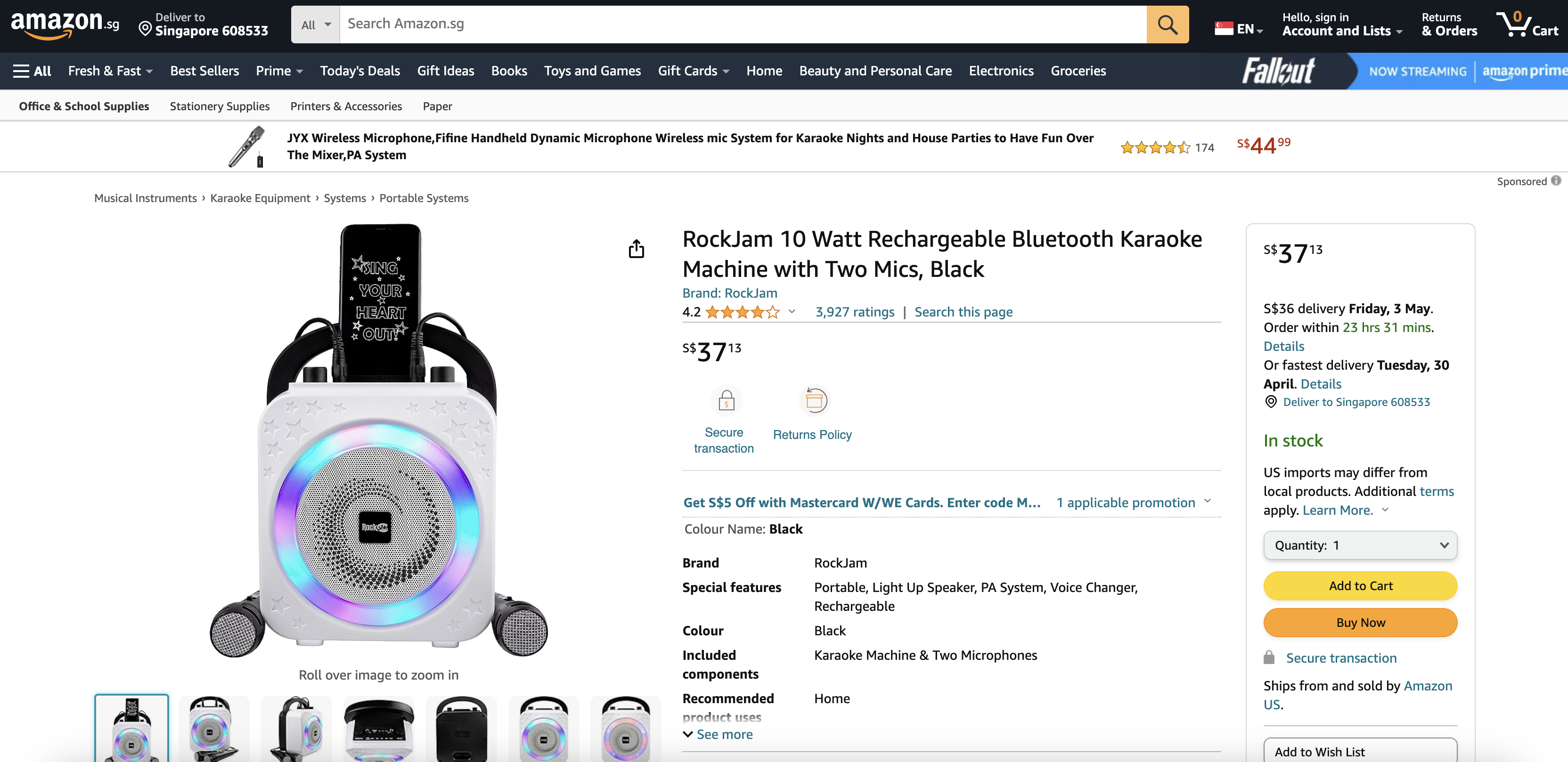 RockJam 10 Watt Rechargeable Bluetooth Karaoke Machine with Two Mics