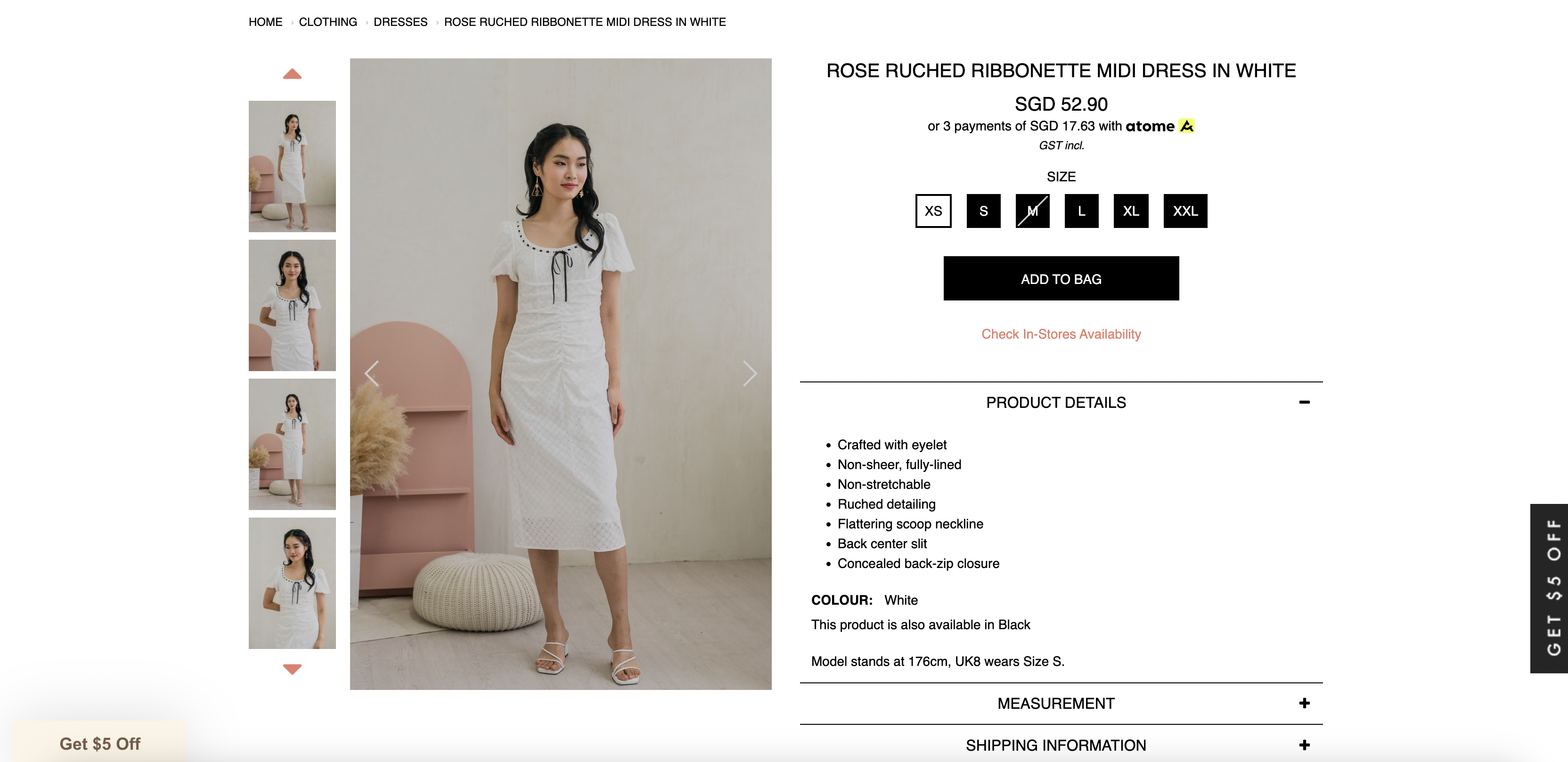 Rose Ruched Ribbonette Midi Dress In White