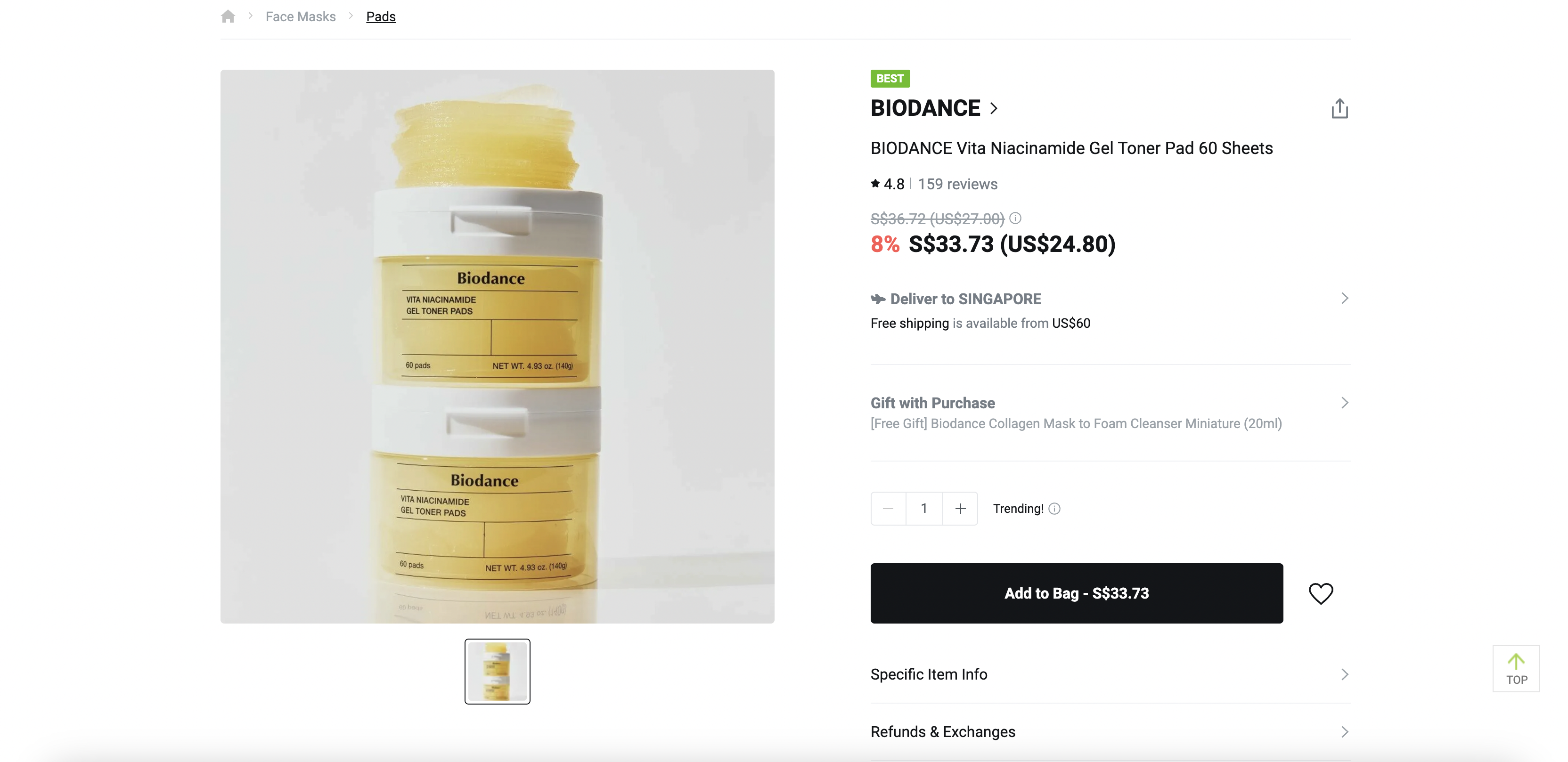 BIODANCE Vita Niacinamide Gel Toner Pad 60 Sheets