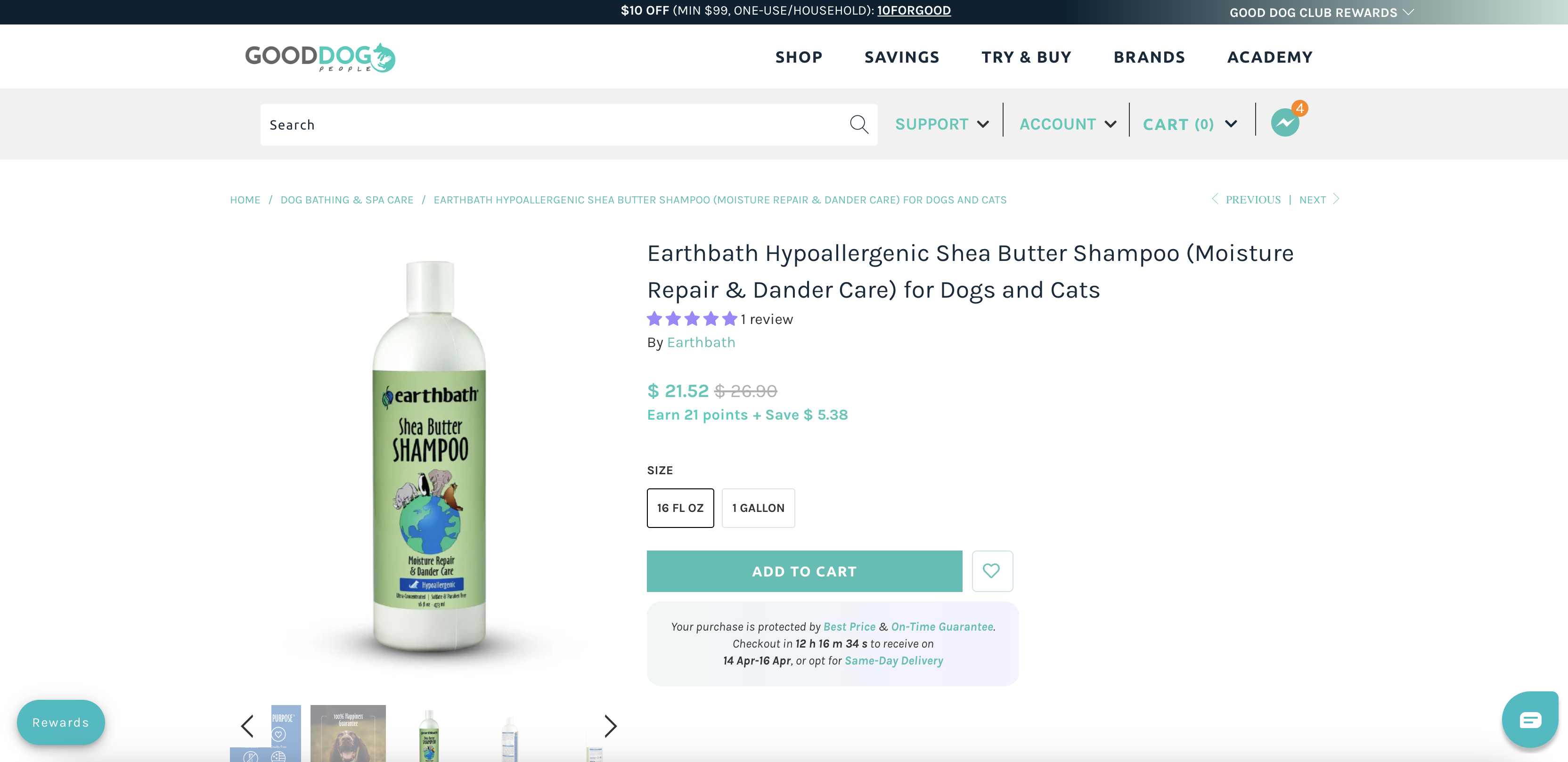 Earthbath Hypoallergenic Shea Butter Shampoo (Moisture Repair & Dander Care) for Dogs and Cats