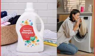 RedMart Antibacterial Laundry Detergent and a woman smelling her laundry