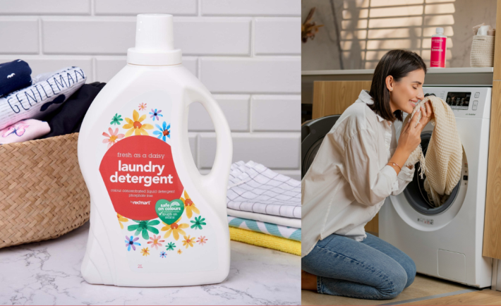 RedMart Antibacterial Laundry Detergent and a woman smelling her laundry
