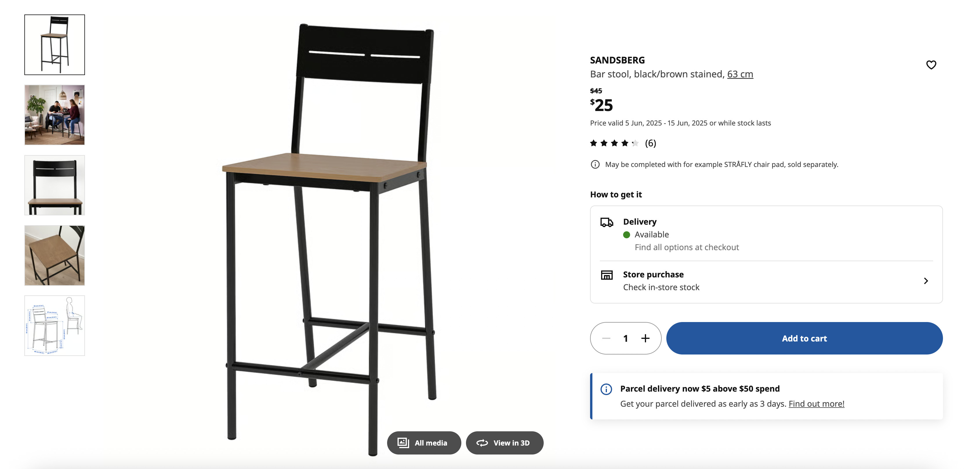 Bar stool, black/brown stained, 63 cm