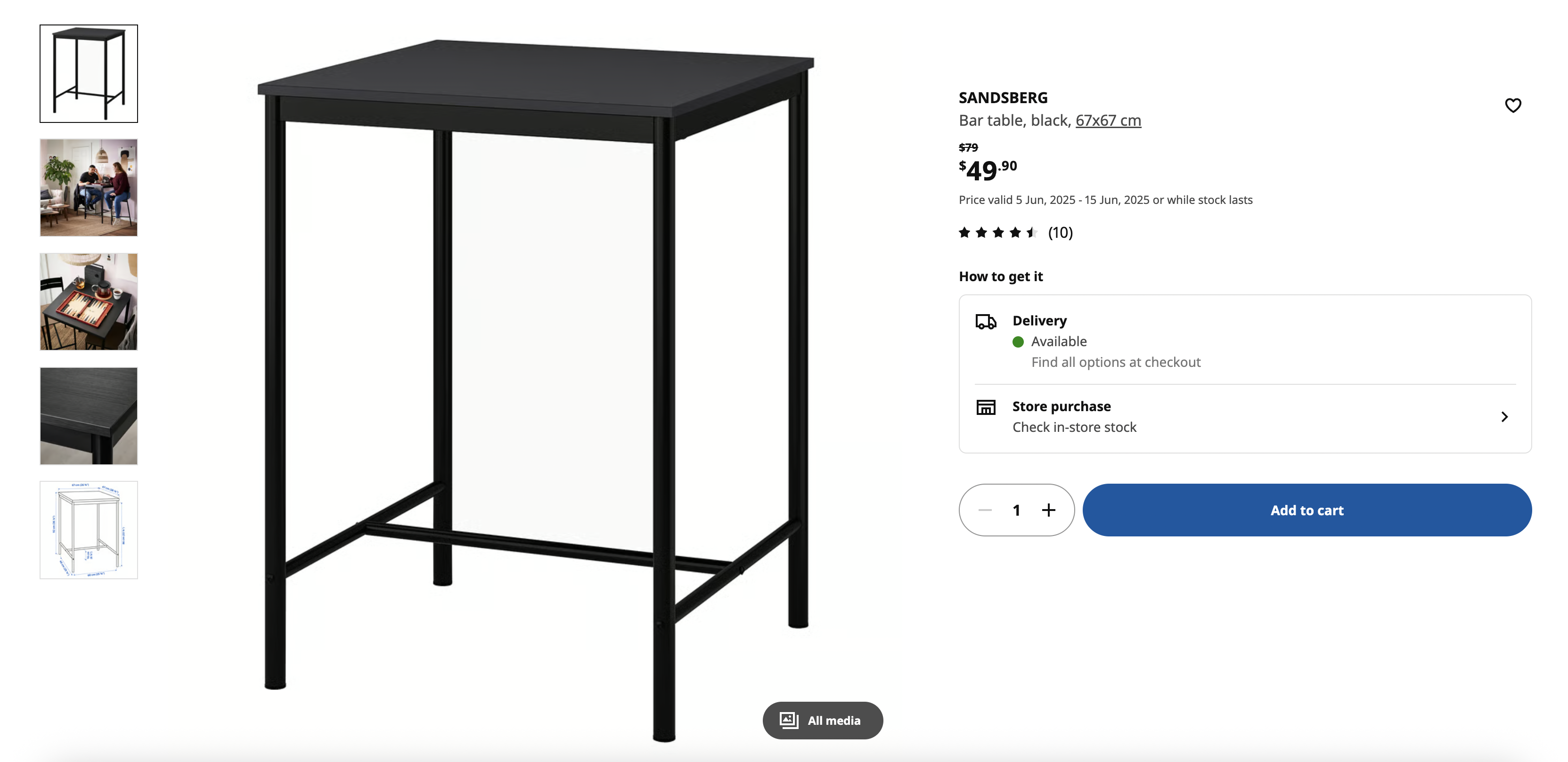 Bar table, black, 67x67 cm