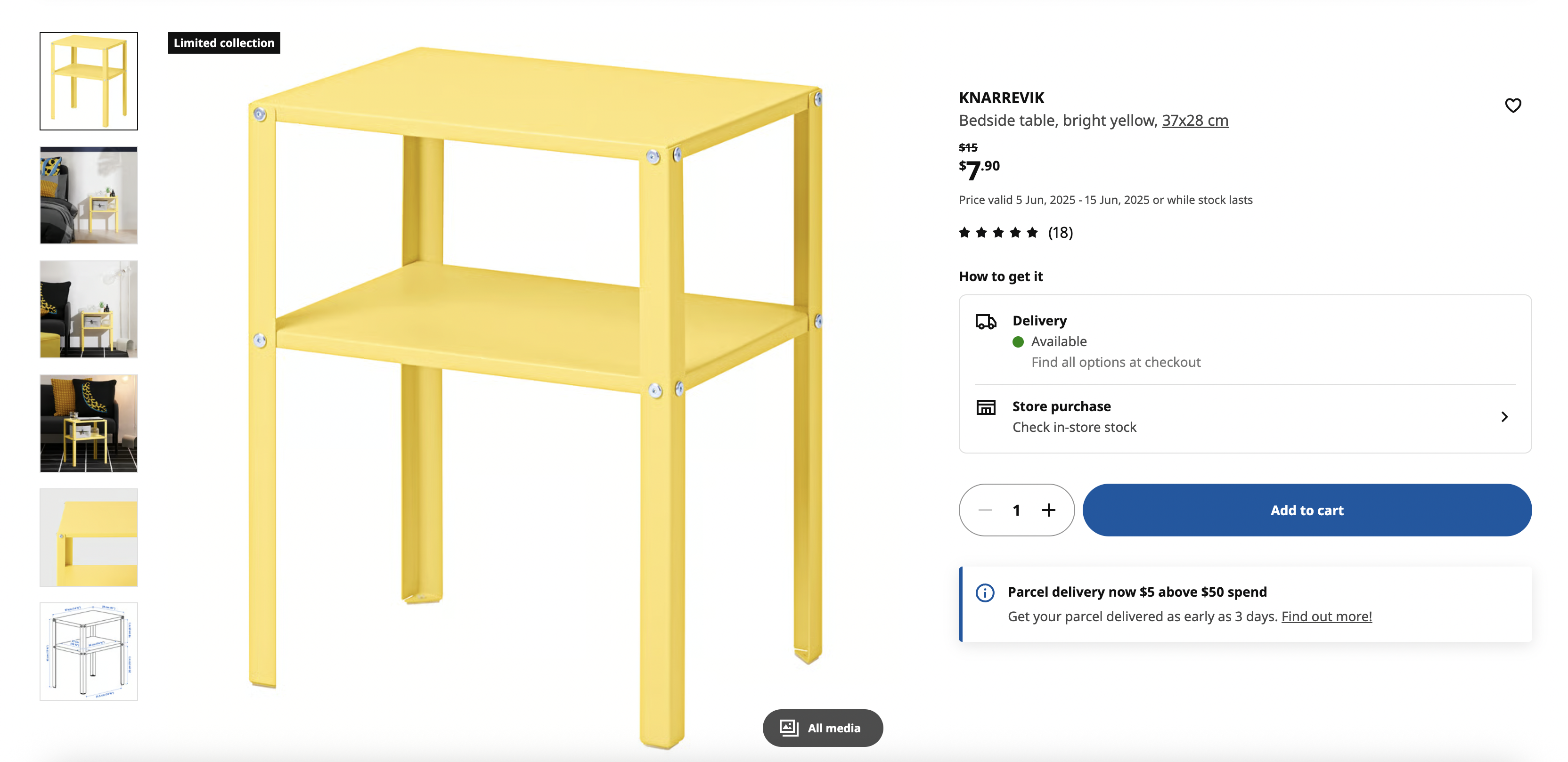 Bedside table, bright yellow, 37x28 cm