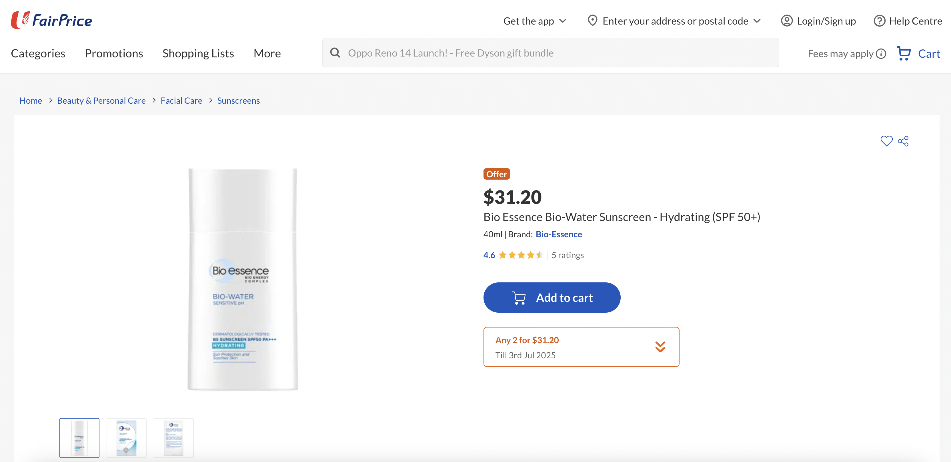 Bio Essence Bio-Water Sunscreen - Hydrating (SPF 50+)