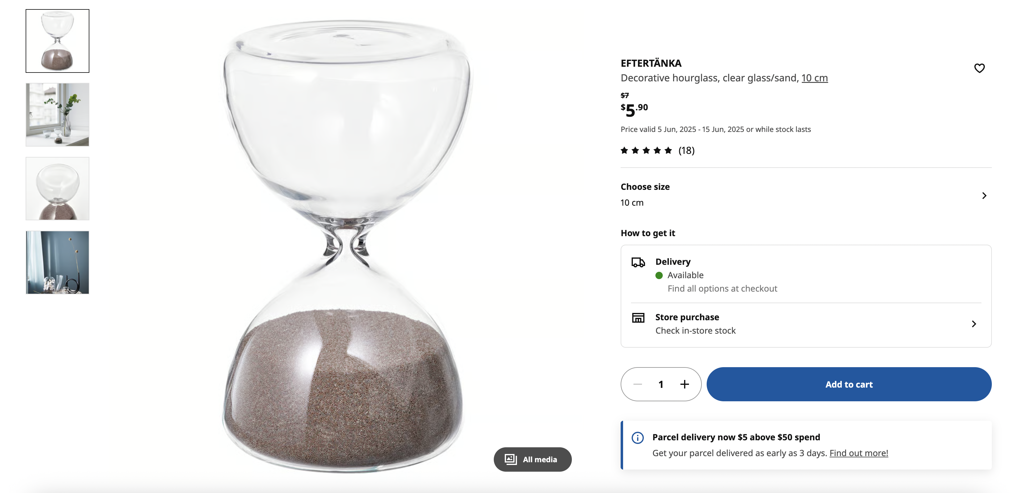 Decorative hourglass, clear glass/sand, 10 cm