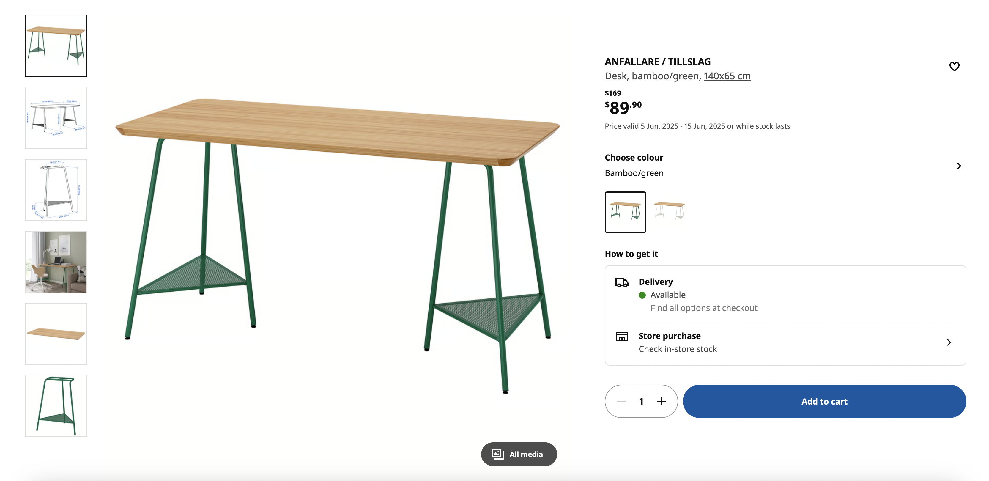 Desk, bamboo/green, 140x65 cm