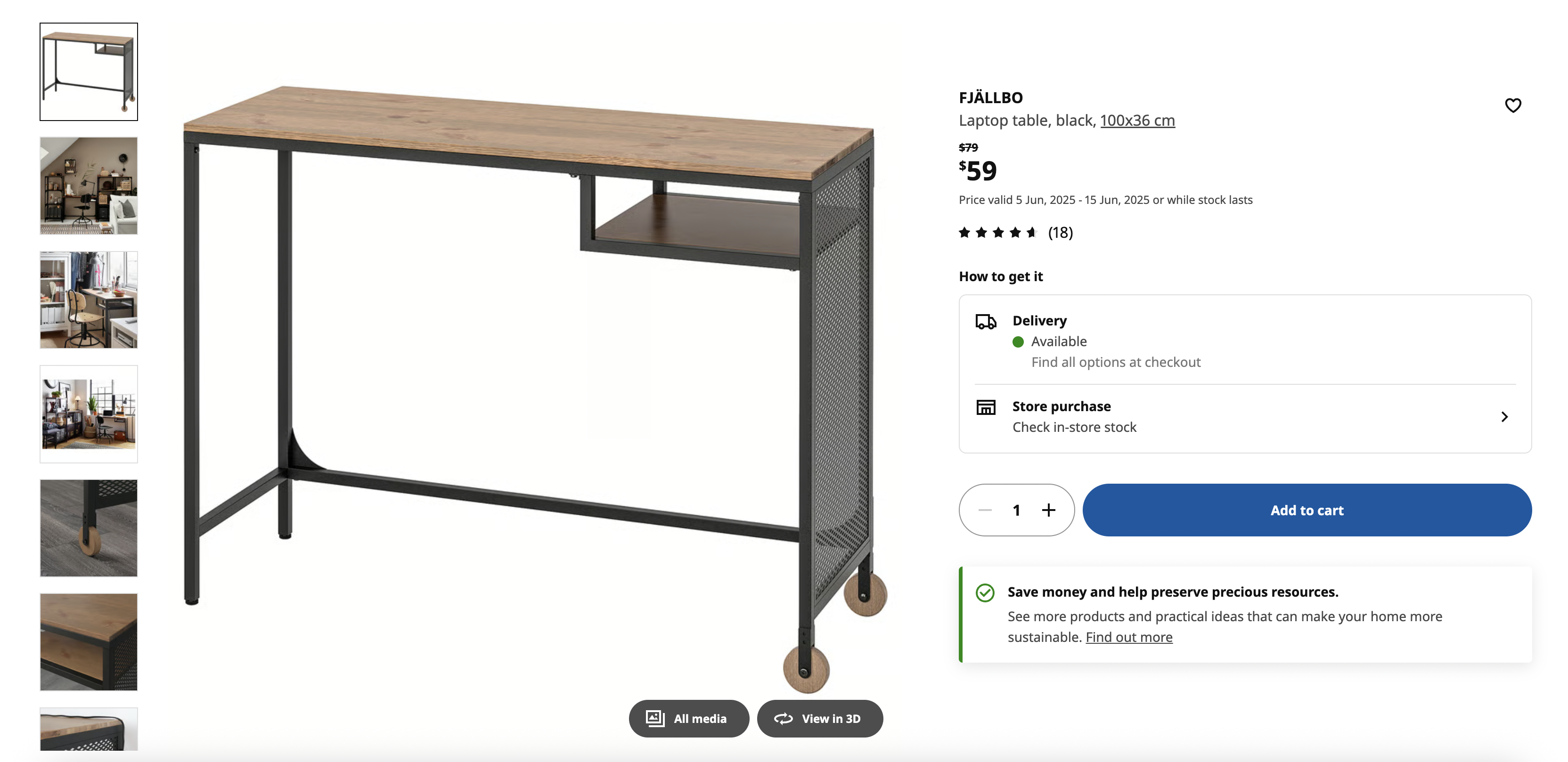 Laptop table, black, 100x36 cm