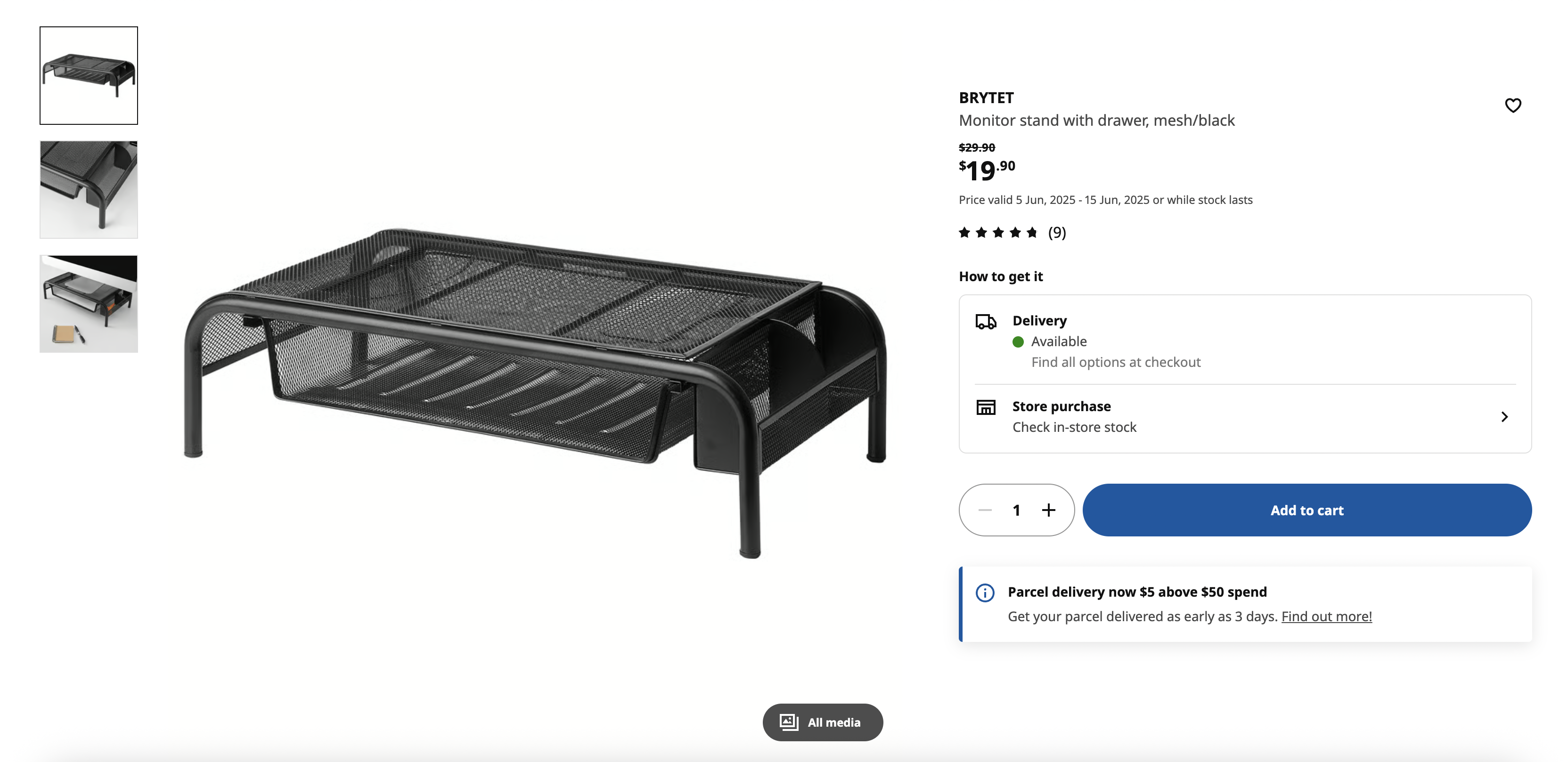 Monitor stand with drawer, mesh/black