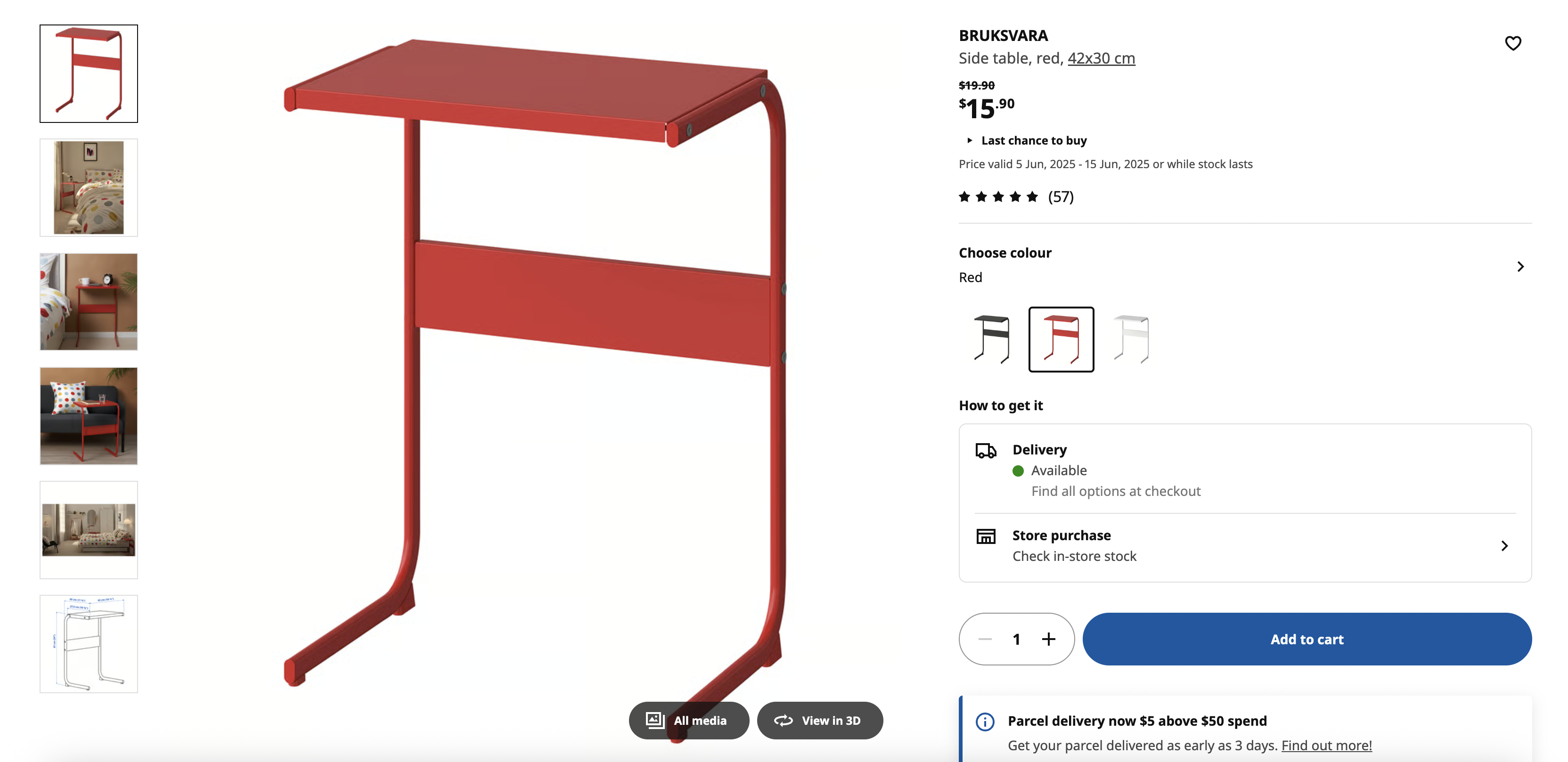 Side table, red, 42x30 cm