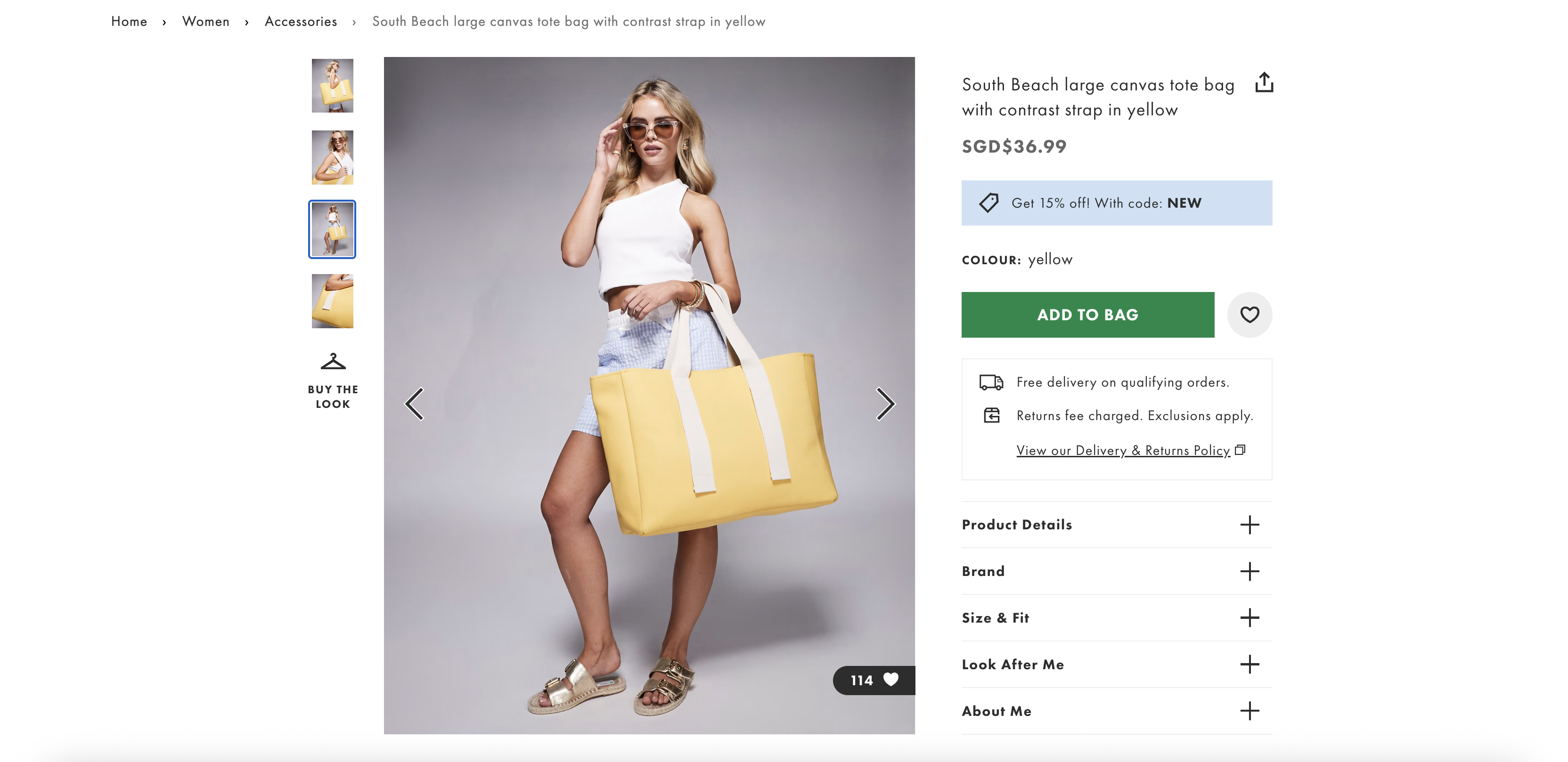South Beach large canvas tote bag with contrast strap in yellow