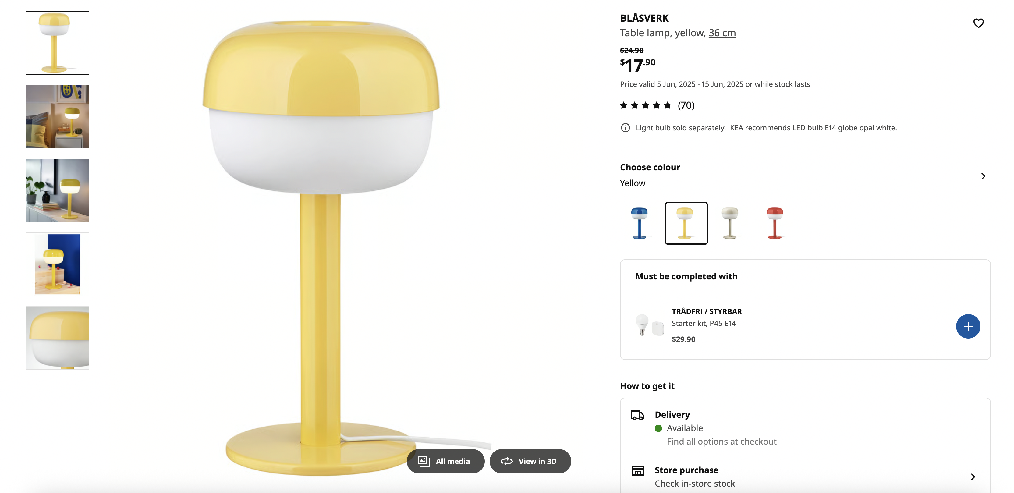 Table lamp, yellow, 36 cm