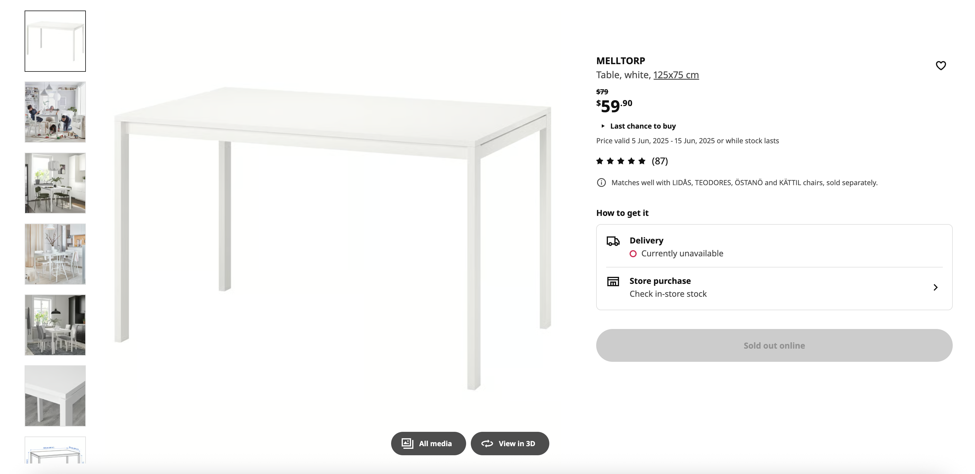 Table, white, 125x75 cm