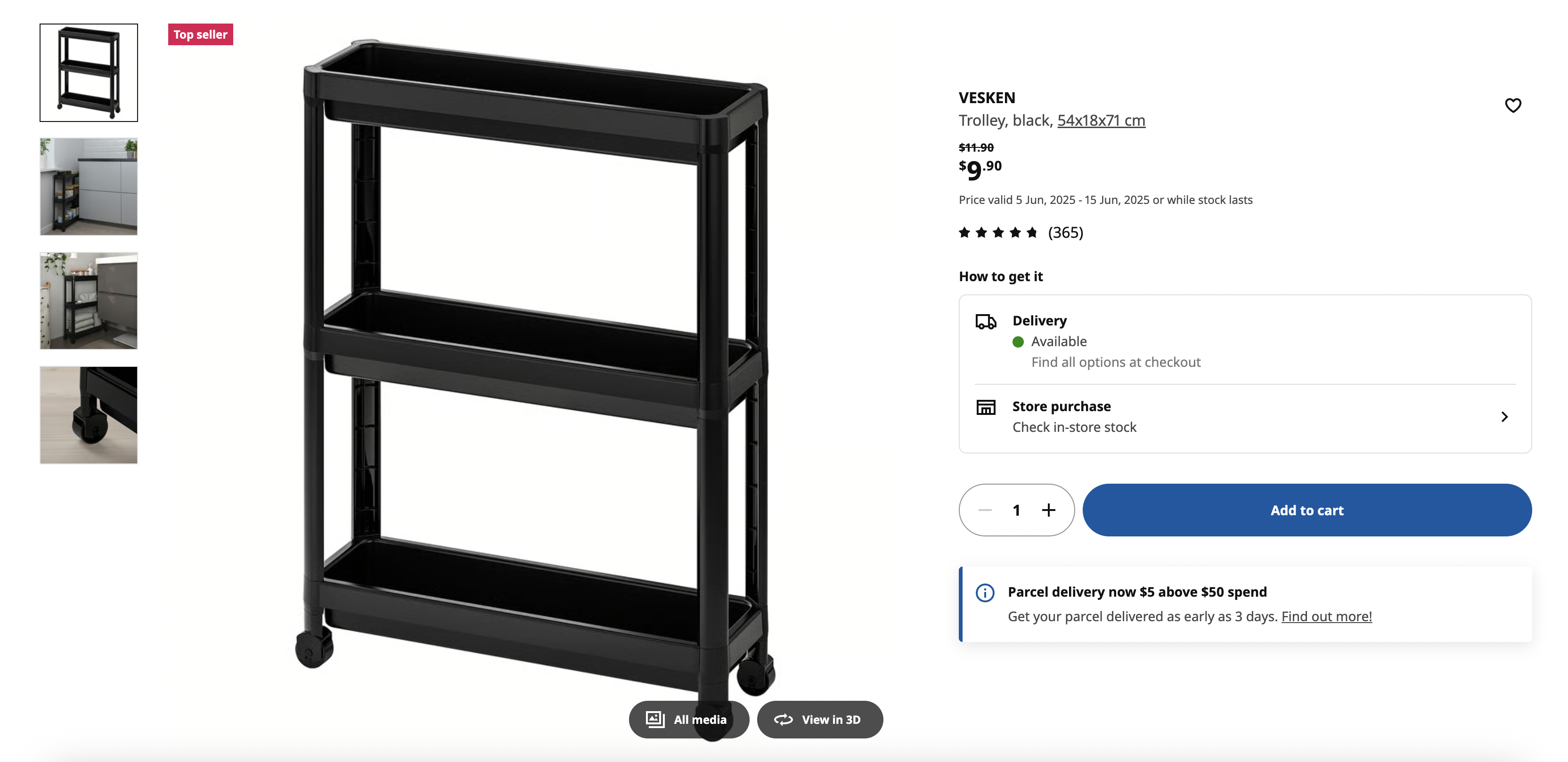 Trolley, black, 54x18x71 cm