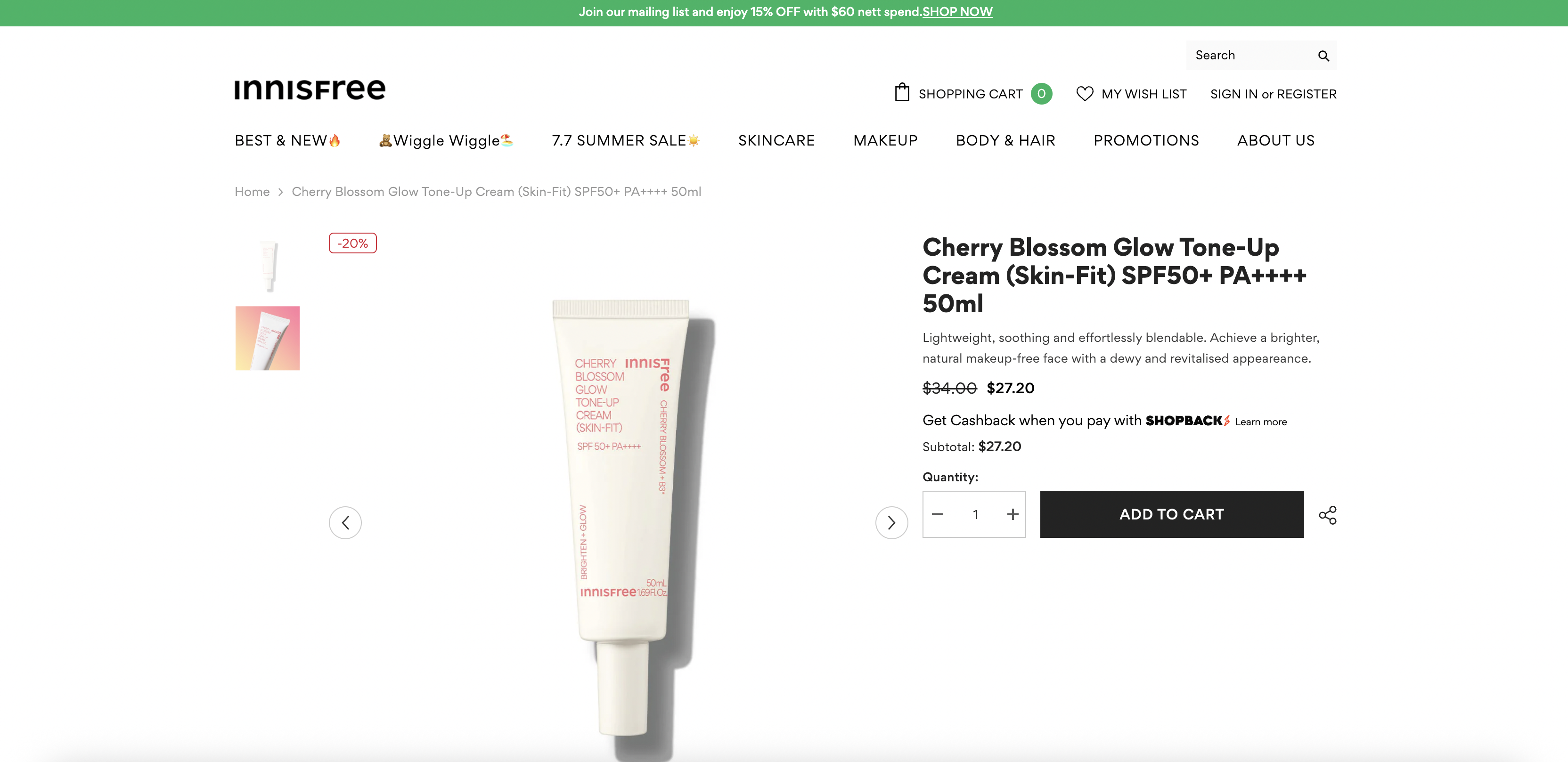 Cherry Blossom Glow Tone-up Cream (Skin-Fit) SPF50+ PA++++ 50ml
