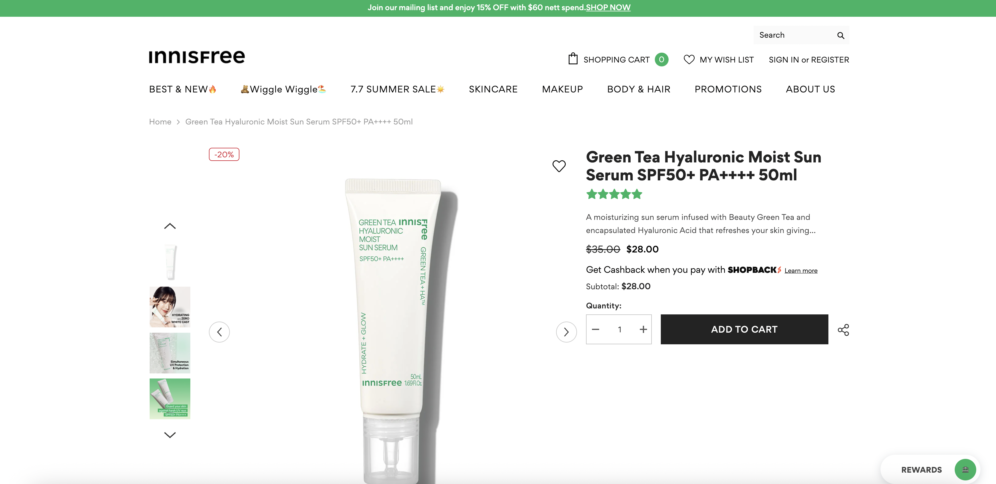 Green Tea Hyaluronic Moist Sun Serum SPF50+ PA++++ 50ml