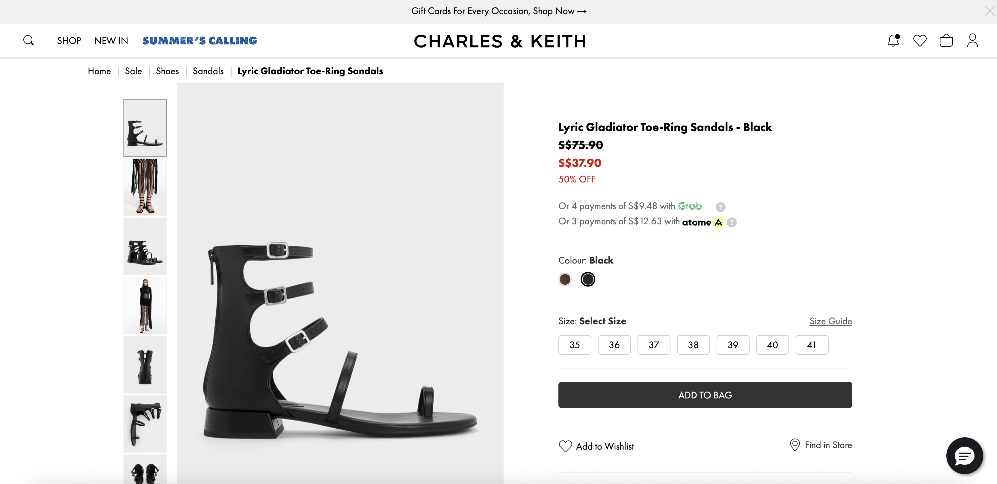 Lyric Gladiator Toe-Ring Sandals - Black