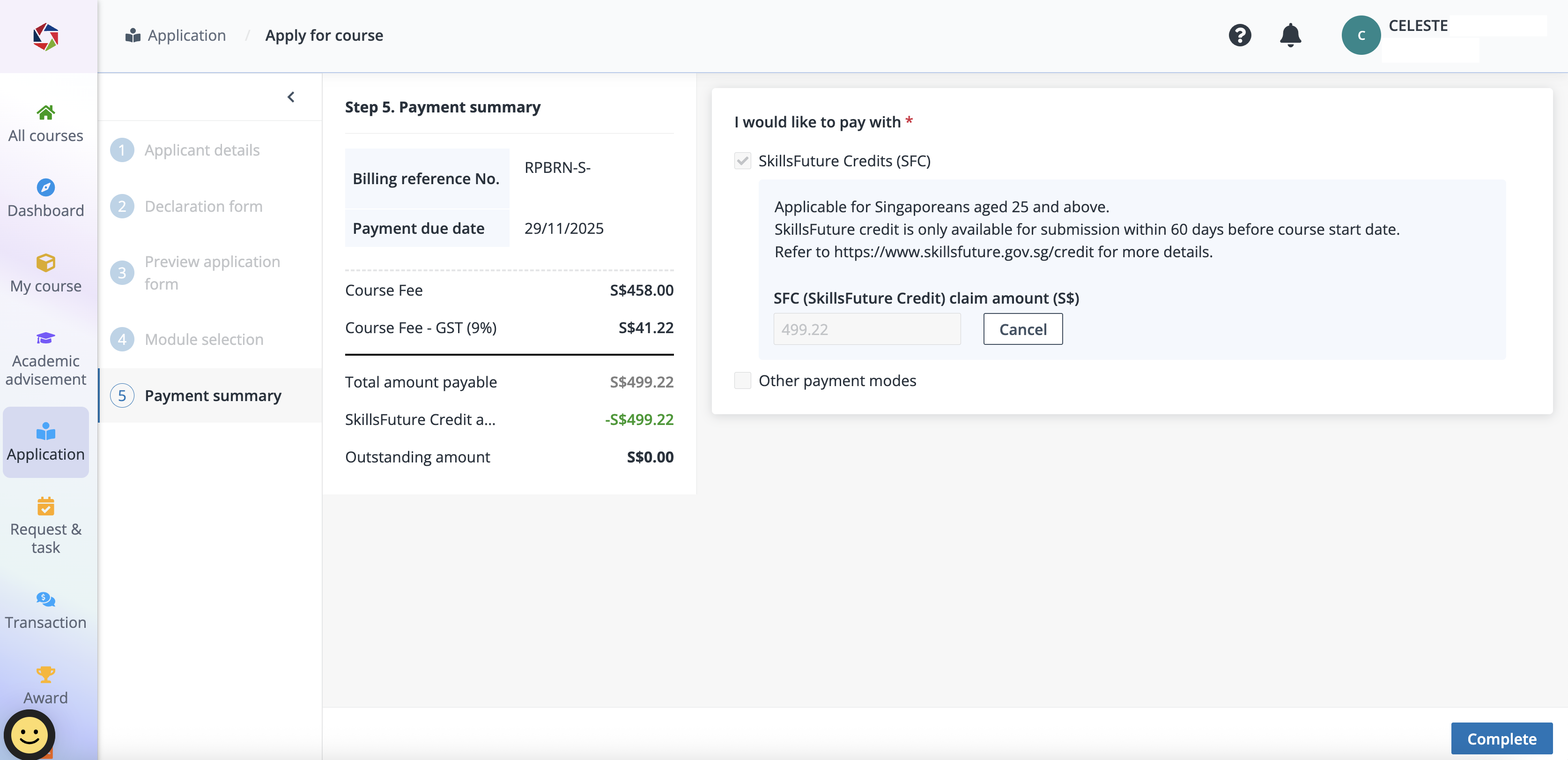 successful payment with My SkillsFuture Credits